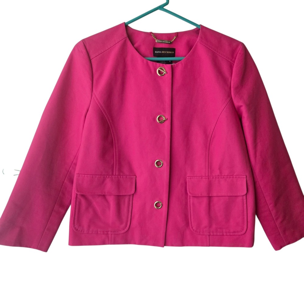 Dana Buchman Hot Pink Collarless Blazer Gold Toggle Zebra Lining Size 8